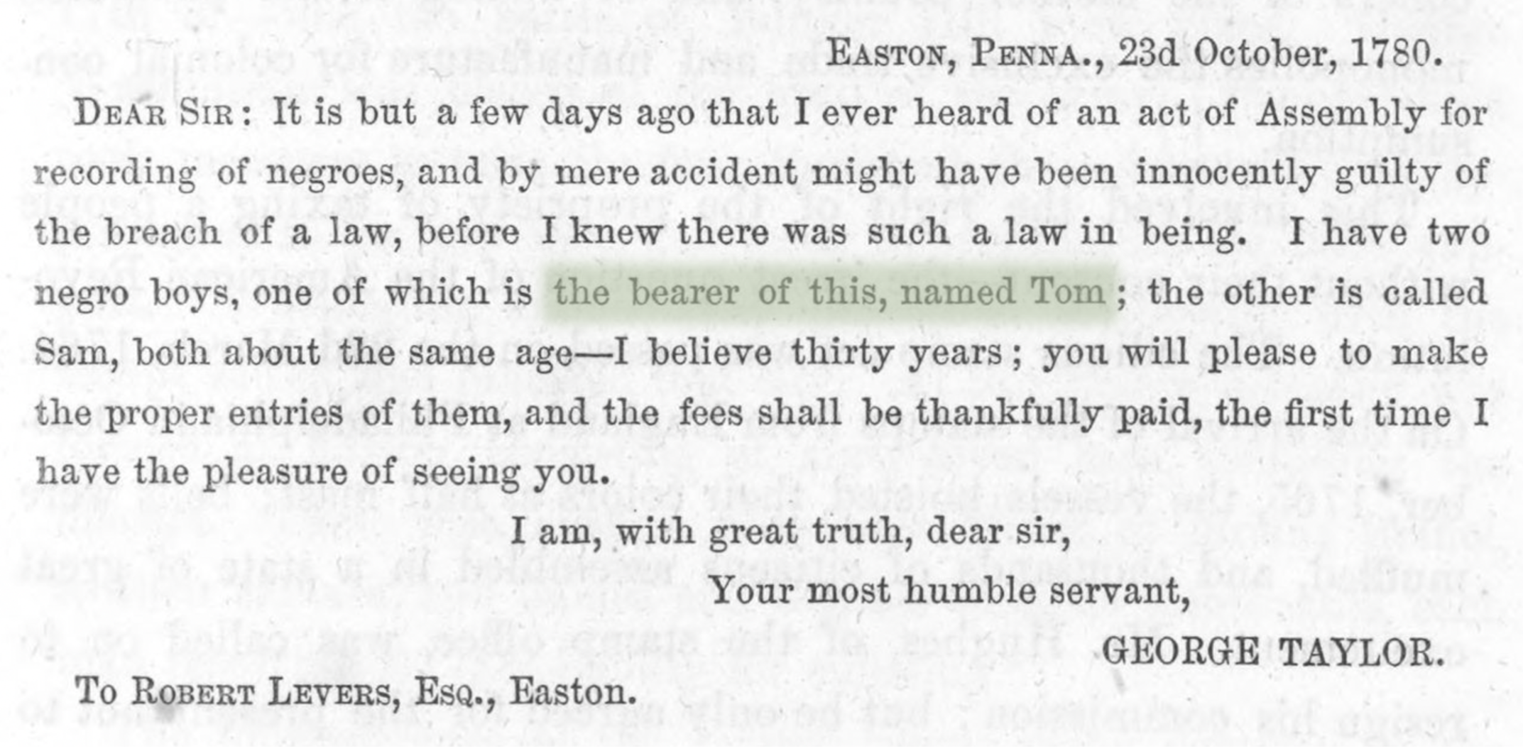 A short, typewritten copy of Abner Barker’s return of a boy named William. Highlighted in green are the words and phrases “Charlotte [sic] … was Delivered of … William.”