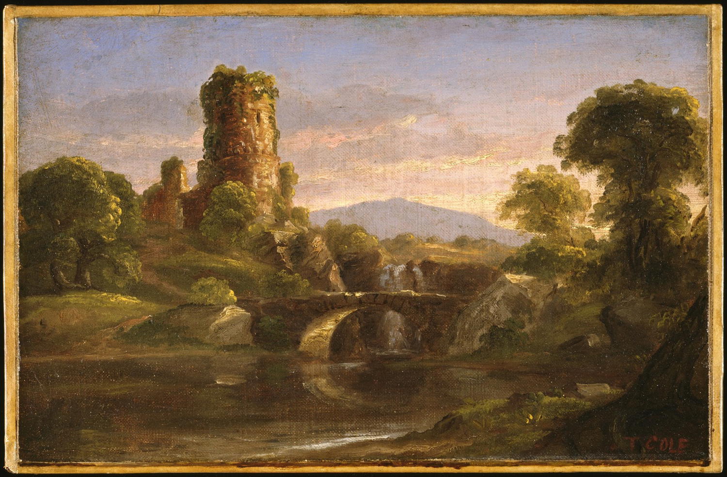 An oil painting in warm, verdant colors. The sun appears to be setting behind mountains. A blue waterfall in the background flows under a stone bridge in the center and into a brownish river in the foreground. To the left are the ruins of a stole castle, covered in shrubs and almost red in the sunlight. Trees dot the landscape.