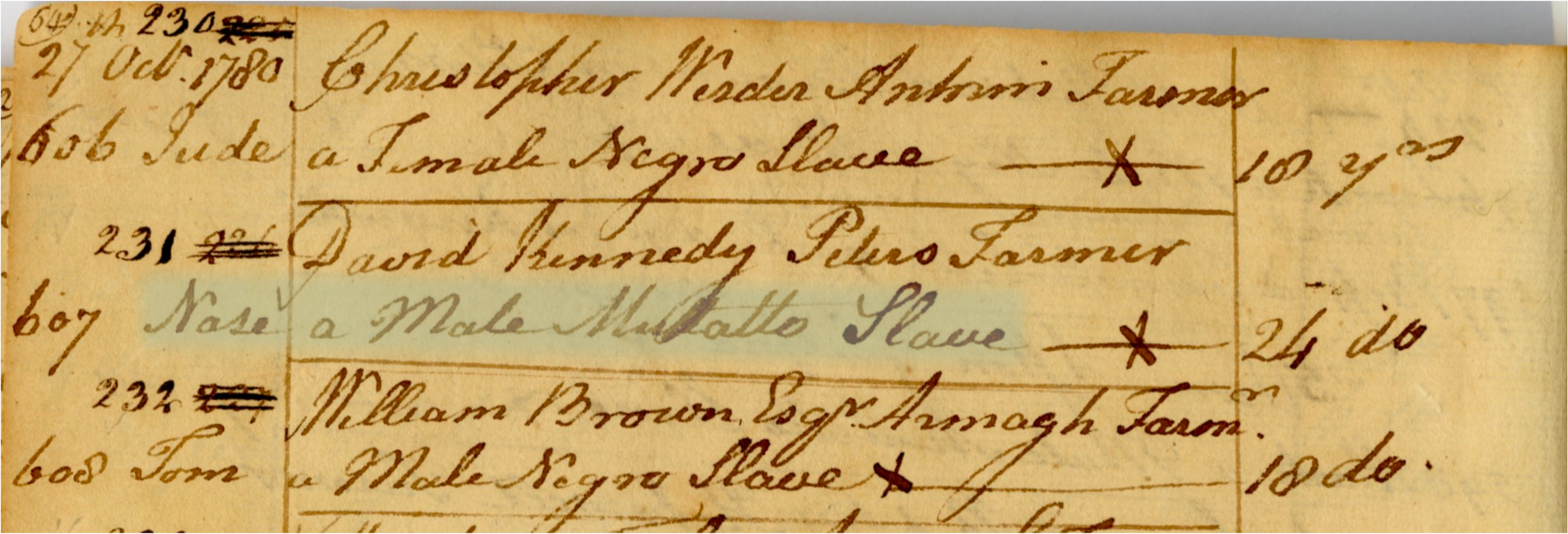 A yellowed document containing a list of entries written out in brown ink. Highlighted in green among the entries is “Nase a Male Mulatto Slave,” who was identified as twenty-four years old. The record is dated October 27, 1780. Nase is registered person number 607 on the list, whereas his enslaver, David Kennedy, a farmer from Peters Township, is enslaver number 231. 